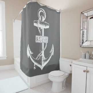 Rideaux De Douche Ancrage vintage et nom sur gris nautique