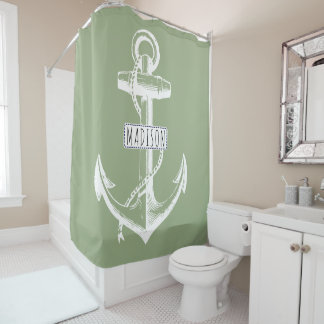 Rideaux De Douche Ancrage vintage et nom sur sauge vert nautique