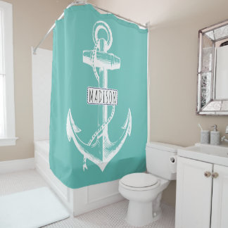 Rideaux De Douche Ancrage vintage et nom sur turquoise nautique lége