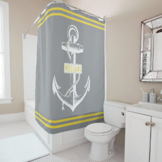 Rideaux De Douche Ancrage vintage et rayures gris, jaune nautique