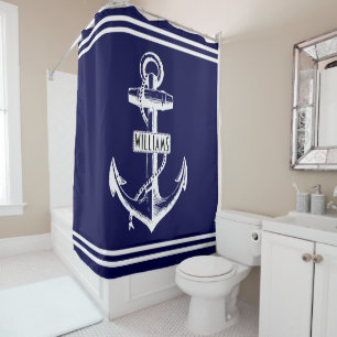 Rideaux De Douche Ancrage vintage et rayures marine bleu nautique