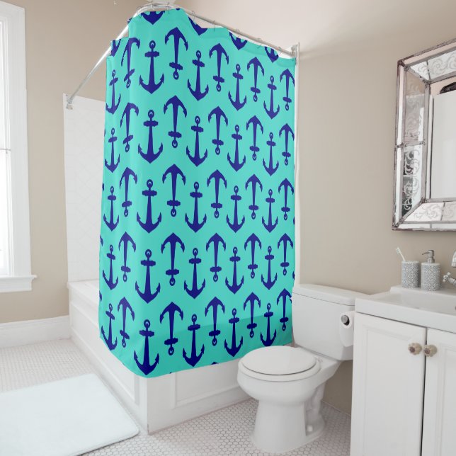 Rideaux De Douche Ancre Bleue Marine Sur Décor Côtier Turquoise (En situation)