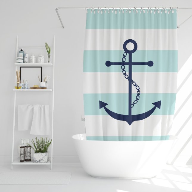 Rideaux De Douche Ancre bleue sur les rayures de menthe (Créateur téléchargé)