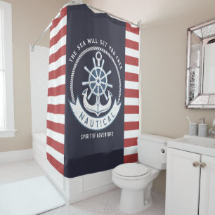 Rideaux De Douche Ancre nautique,Roue, Bleu marine,Rayes rouges