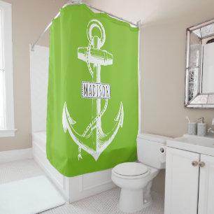 Rideaux De Douche ancre vintage et nom chaux vert nautique
