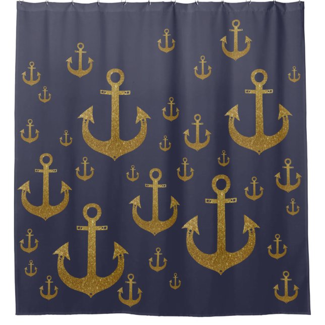 Rideaux De Douche ancres de navires dorés (motif inspiré de la mer) (Devant)
