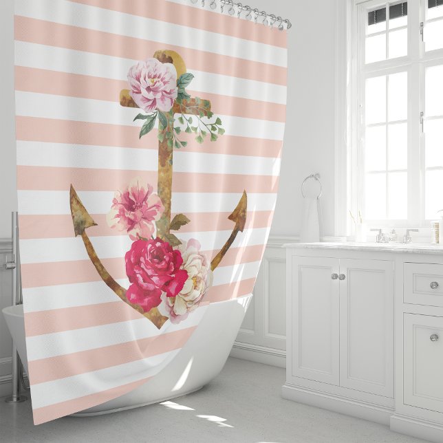 Rideaux De Douche Ancres Florales Roses Rayures Nautiques (Créateur téléchargé)