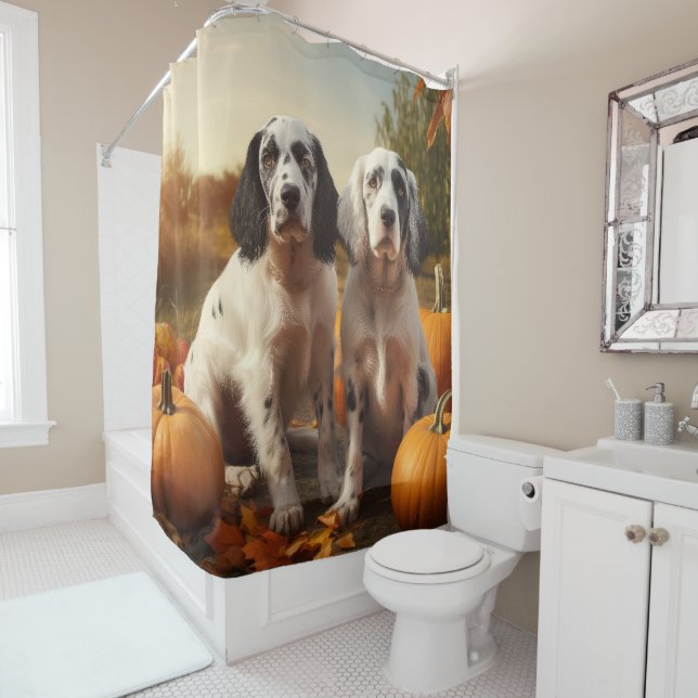 Rideaux De Douche Anglais Setter Puppy Automne Citrouille de plaisir (En situation)