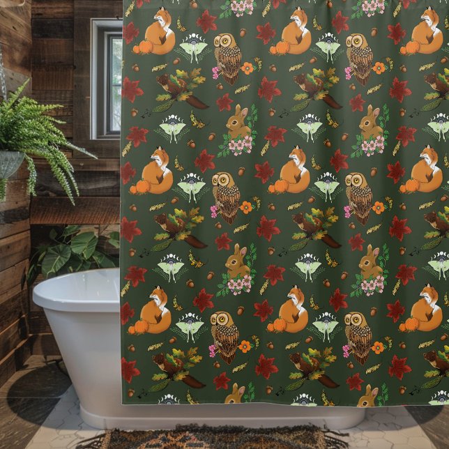 Rideaux De Douche Animaux de la forêt boisée automnale Motif vert (Créateur téléchargé)