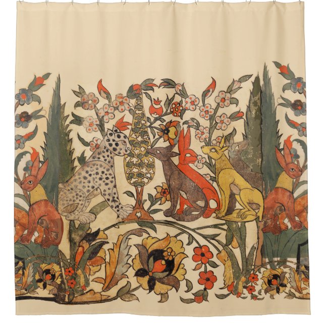 RIDEAUX DE DOUCHE ANIMAUX FORESTIERS, LEOPARD, JACKALS, RABBITS, FLE (Devant)