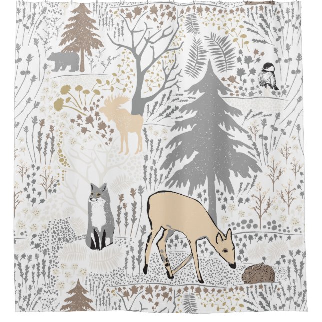 Rideaux De Douche Animaux Forêt d'hiver Gris Neutres Bois Décor (Devant)