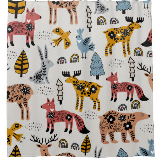 Rideaux De Douche Animaux scandinaves, floral, motif mignon.