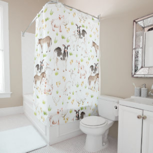 Rideaux De Douche Animaux tirés par la main d'aquarelle à la ferme