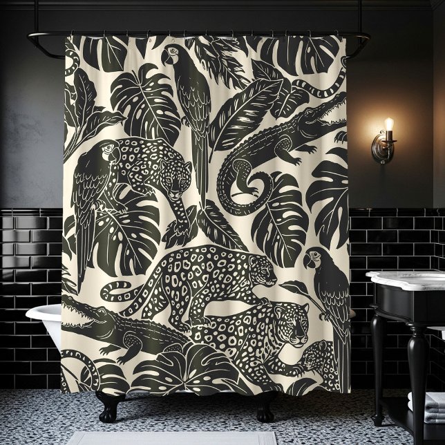 Rideaux De Douche Animaux tropicaux de la jungle noirs et crème gras (Créateur téléchargé)
