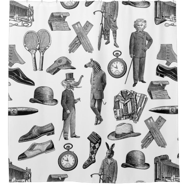Rideaux De Douche animaux victoriens antiques noir blanc toile homme (Devant)