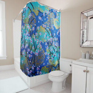 Rideaux De Douche Antique or bleu japonais Kimono fleurs florales