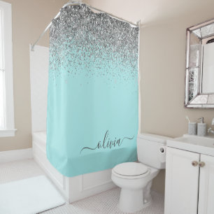 Rideaux De Douche Aqua Bleu Turquoise Argent Paillettes Monogramme