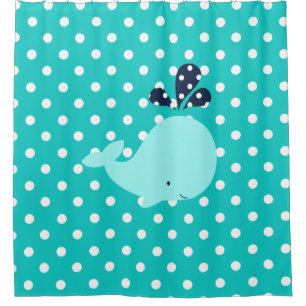 Rideaux De Douche Aqua Blue Whale sur Turquoise et Pois blancs
