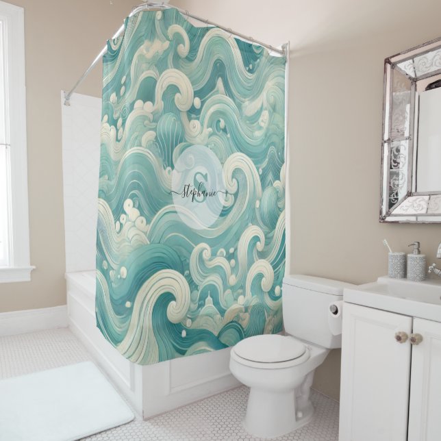 Rideaux De Douche Aqua Blue & White Wave Abstraite - Art moderne Flu (En situation)