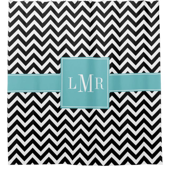 Rideaux De Douche Aqua et Chevrons noirs Monogramme (Devant)