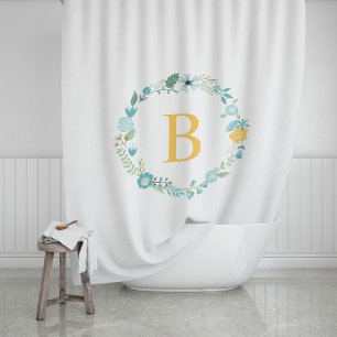 Rideaux De Douche Aqua et Yellow Monogramme Floral Wreath