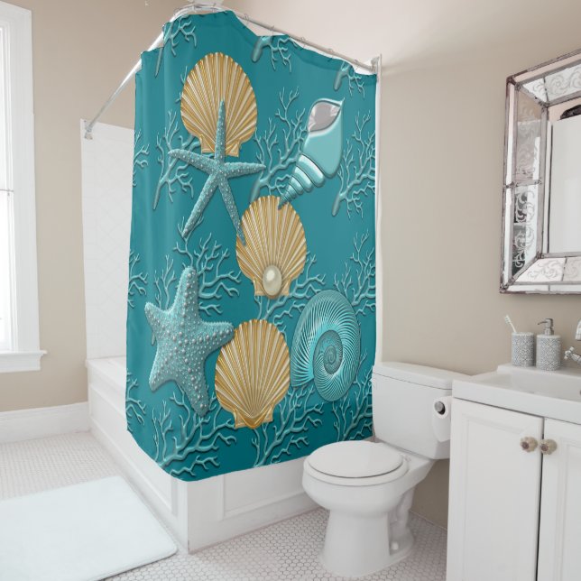 Rideaux De Douche Aqua & Gold Seahells Coral Reef (En situation)
