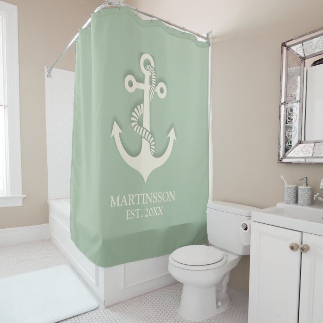 Rideaux De Douche Aqua Mint Green White Nom de l'Ancre Date Nautique (En situation)