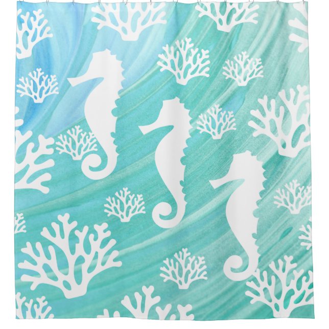 Rideaux De Douche Aqua Ocean Seahorse Coral (Devant)