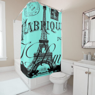 Rideaux De Douche aqua turquoise scripts turquoises Paris Tour Eiffe