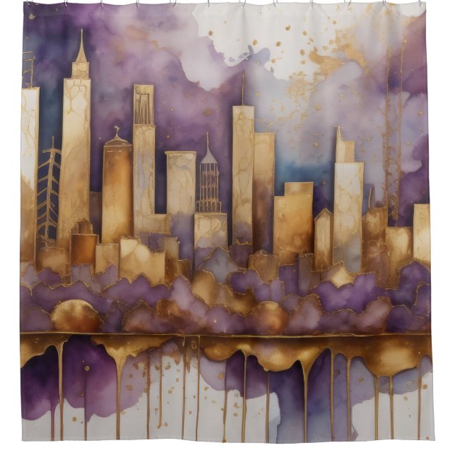 Rideaux De Douche Aquarelle Abstraite Peinture Gold Cityscape (Devant)