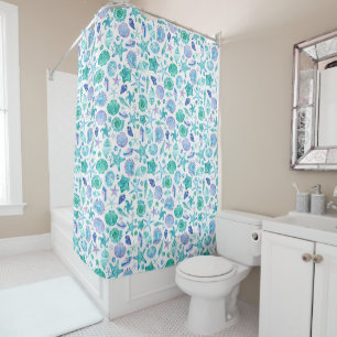 Rideaux De Douche Aquarelle Bleu Coques de mer et Starfish