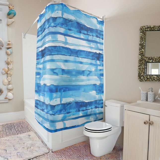 Rideaux De Douche Aquarelle Bleu et Blanc rayé (Créateur téléchargé)