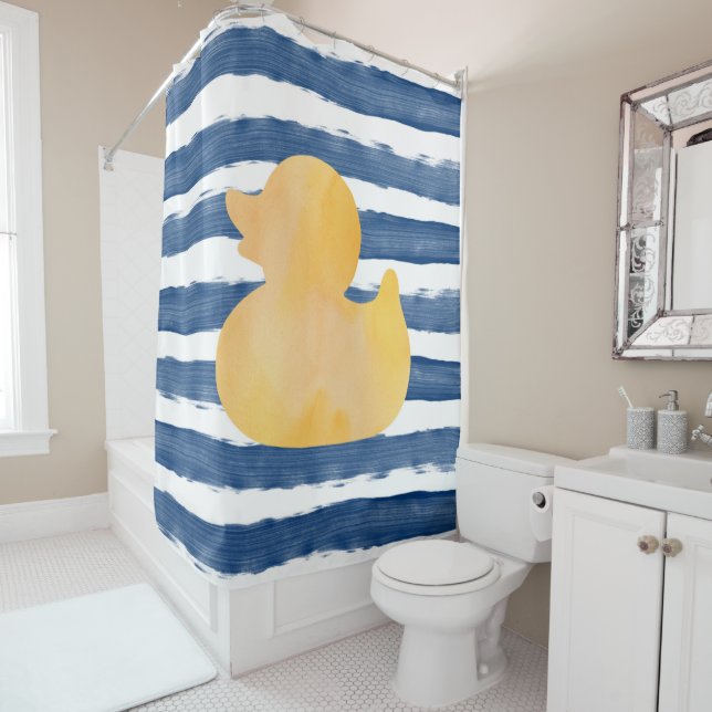 Rideaux De Douche Aquarelle Bleu et Canard en caoutchouc jaune (En situation)