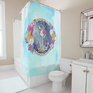 Rideaux De Douche Aquarelle bleue Ancre florale marine moderne
