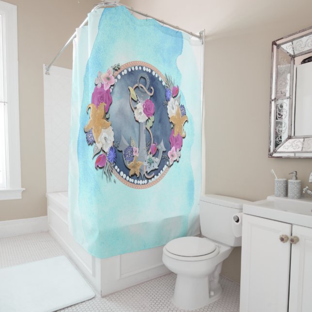 Rideaux De Douche Aquarelle bleue Ancre florale marine moderne (En situation)