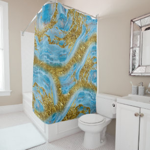 Rideaux De Douche Aquarelle bleue Marbre et or Foil