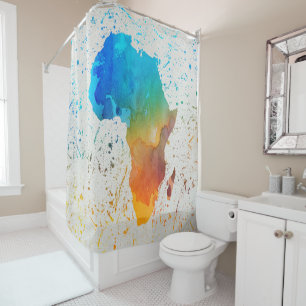 Rideaux De Douche Aquarelle bleue, orange et verte Afrique