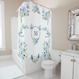 Rideaux De Douche Aquarelle bleue Roses Monogramme Floral