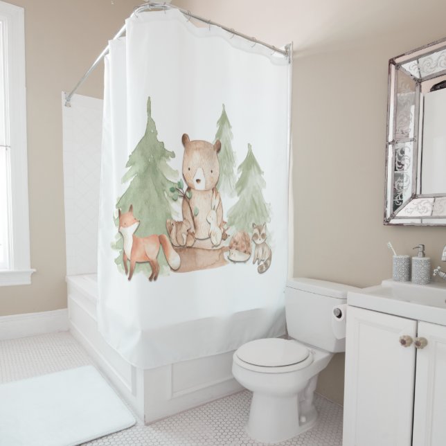 Rideaux De Douche Aquarelle Bois Forêt Animaux Petits Enfants (En situation)