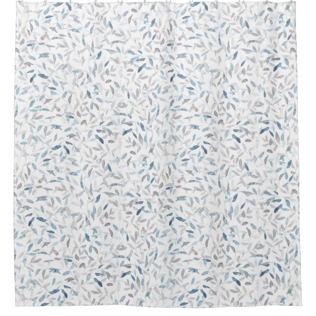 Rideaux De Douche Aquarelle botanique gris bleu feuilles sur blanc (Devant)