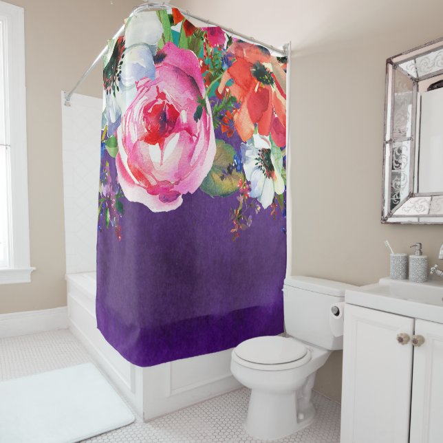 Rideaux De Douche Aquarelle brillante Floral pourpre tendance chic g (En situation)
