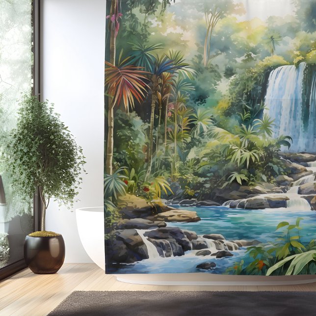 Rideaux De Douche Aquarelle Cascade de la Jungle Maya (Créateur téléchargé)