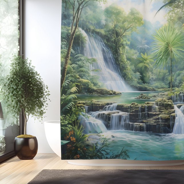 Rideaux De Douche Aquarelle Cascade de la Jungle Maya (Créateur téléchargé)