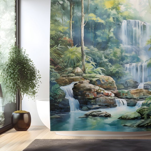 Rideaux De Douche Aquarelle Cascade de la Jungle Maya (Créateur téléchargé)
