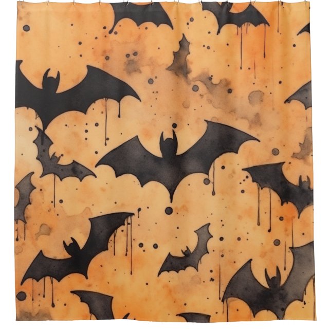 Rideaux De Douche Aquarelle Chauves-souris noires sur orange (Devant)