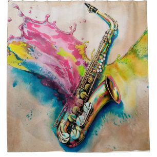 Rideaux De Douche Aquarelle colorée Saxophone Splash