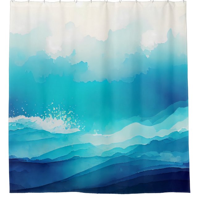 Rideaux De Douche Aquarelle côtière Ombre de la mer bleue (Devant)