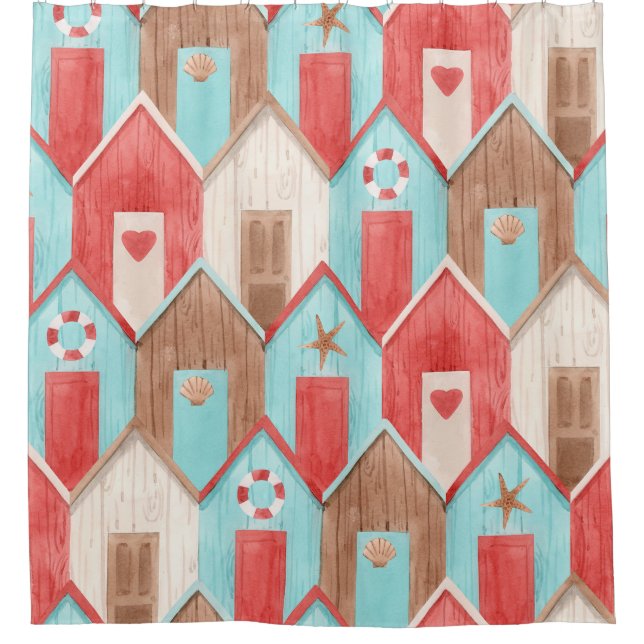 Rideaux De Douche Aquarelle de la maison de plage : motif rétro. (Devant)