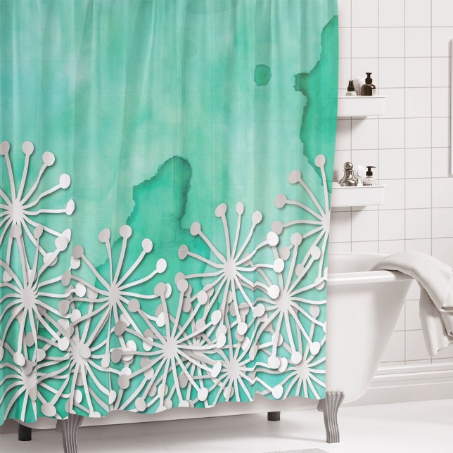 Rideaux De Douche Aquarelle de menthe et fleurs blanches (Créateur téléchargé)