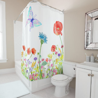 Rideaux De Douche aquarelle de papillon de pré de pavot de fleurs